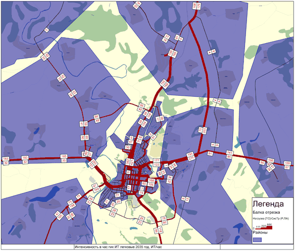 Прогнозная транспортная модель - картограмма распределения интенсивности движения муниципального района