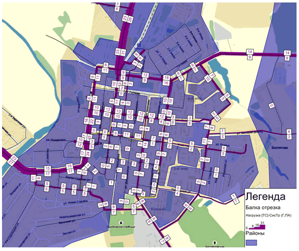 Транспортная модель - картограмма распределения интенсивности движения грузового транспорта центра муниципального района