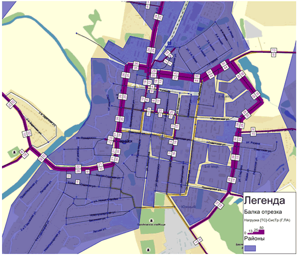 Прогнозная транспортная модель - картограмма распределения интенсивности движения грузового транспорта городского округа