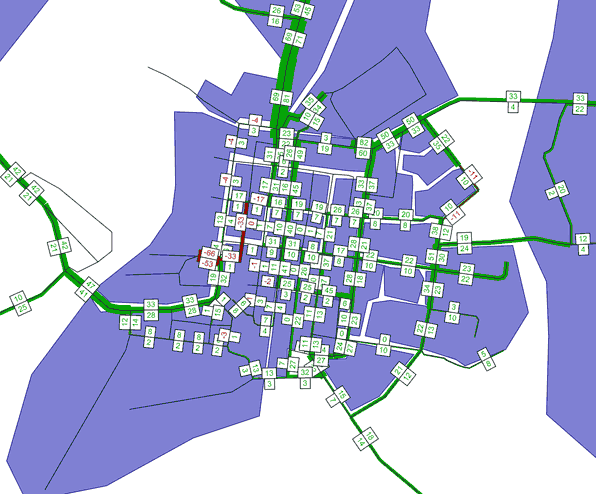 Картограмма разностей прогнозной и существующей интенсивностей движения административного центра муниципального райна